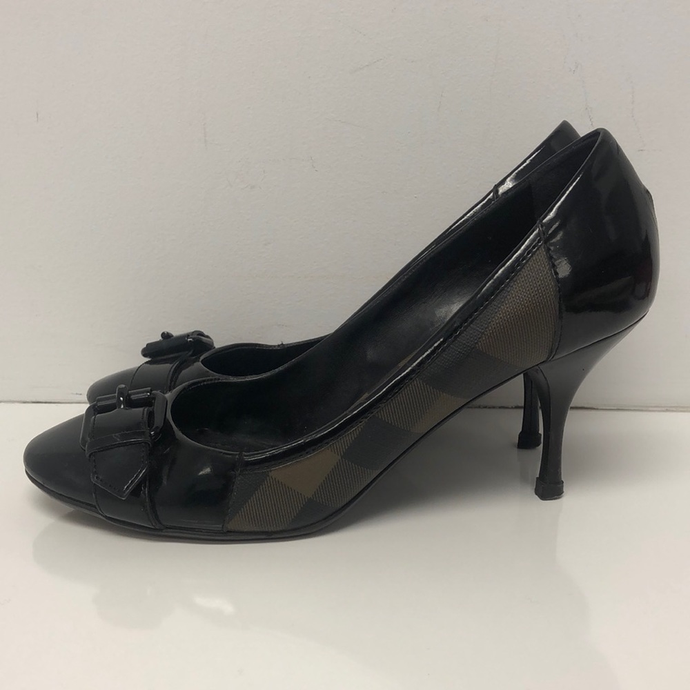 Burberry Brown Check Patent-Trim Buckle Pumps